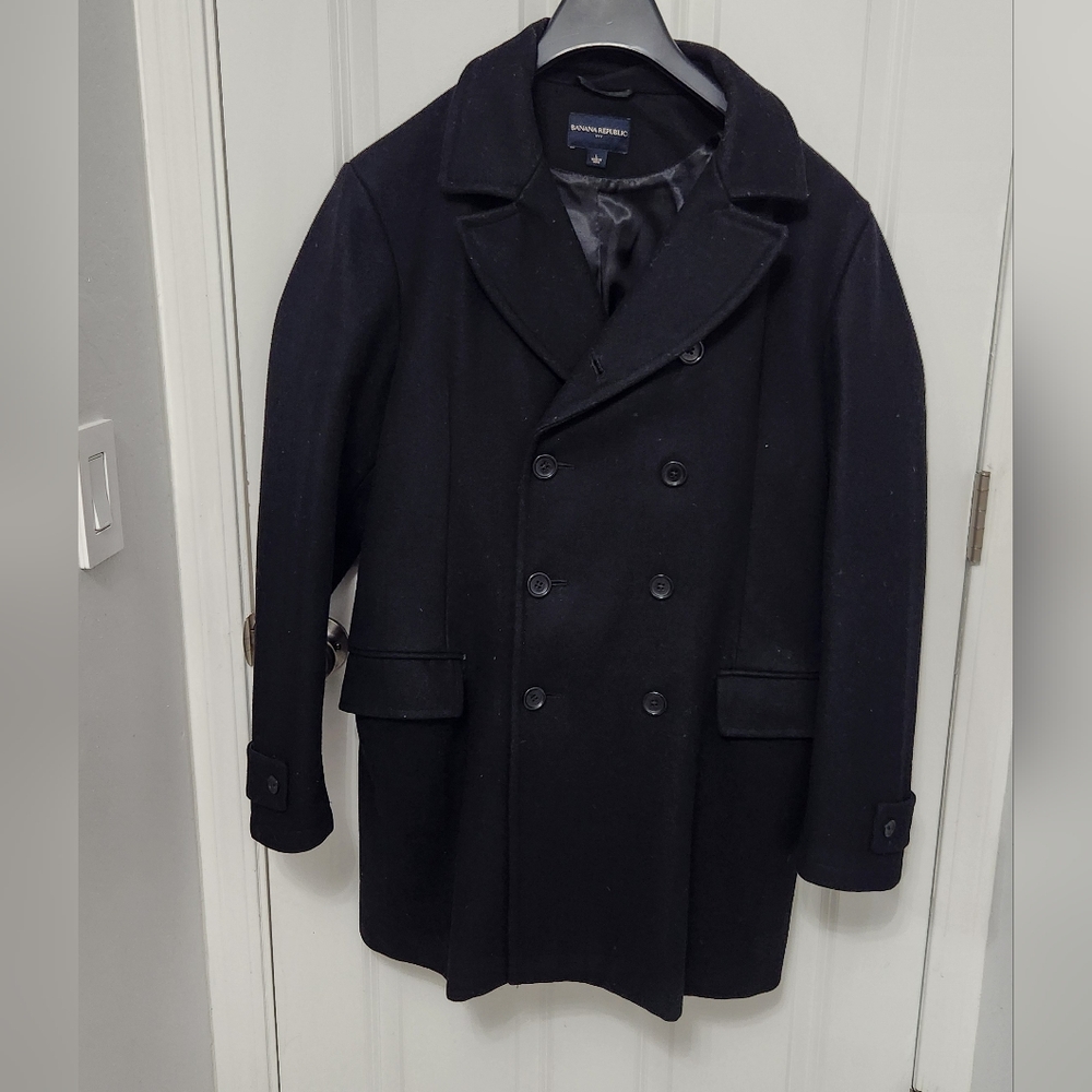 Banana Republic Wool Peacoat Jacket Mens Large Black Plaid Double Breasted - Picture 1 of 15